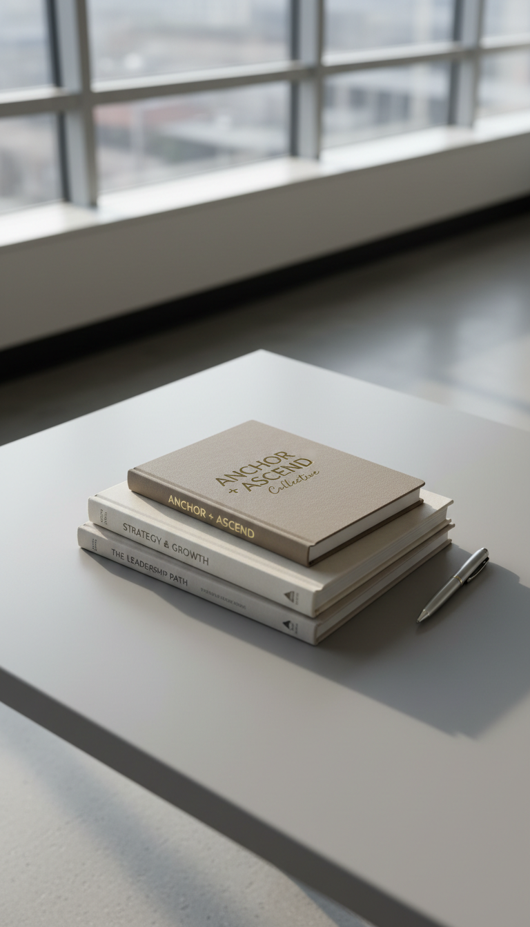 A finely textured taupe hardcover journal embossed with the words "ANCHOR + ASCEND Collective" in matte gold foil, resting atop a neatly arranged stack of neutral-toned business books. The journal sits on a smooth, pale gray desk with clean, structured edges, accompanied by a sleek silver pen. Large, floor-to-ceiling windows in the background diffuse soft daylight across the scene, creating delicate highlights on the metallic accents and subtle shadows along the desk's surface. The atmosphere is grounded and professional, evoking clarity and purpose. Captured at a slight overhead angle with sharp focus throughout, embodying photographic realism and a crisp, balanced composition. The image visually supports intentional planning and leadership development for a corporate coaching site.